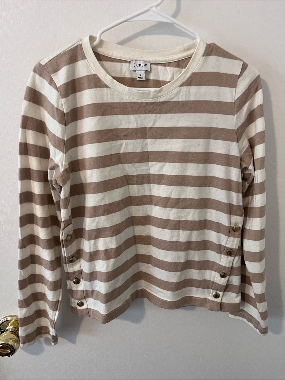 J.Crew Striped Button Side Tee Long Sleeve Tan White Gold 100% Cotton Small